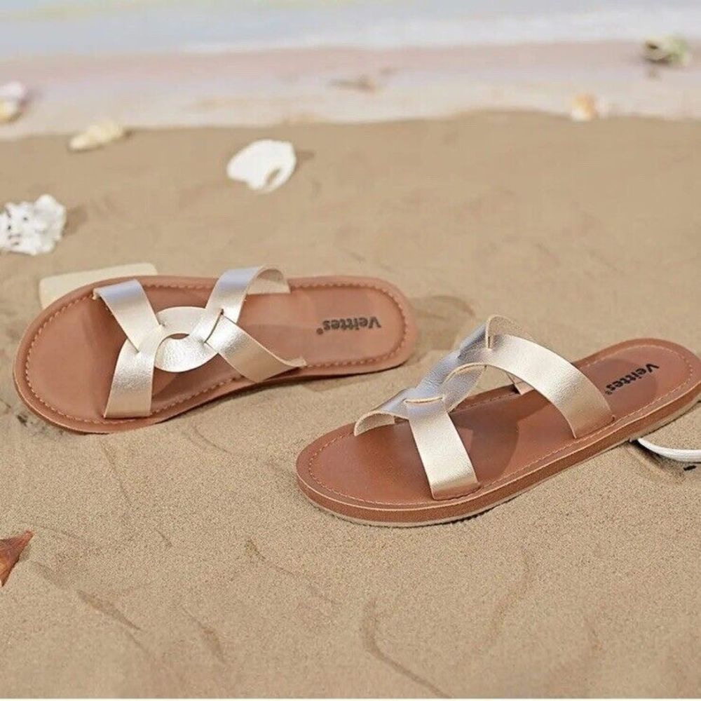 Womens Flat Sandals Size 7 Gold Color summer shoes Veittes - Picture 2 of 10